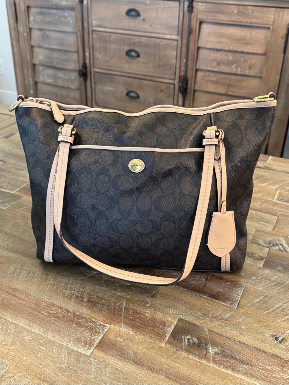 Coach Signature C Brown Canvas Tote Tan Leather Trim
